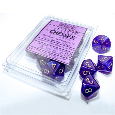 Chessex: Set of 10 D10: Borealis Royal Purple/Gold