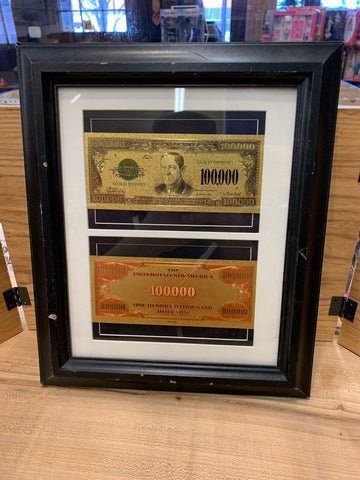 24kt Gold 1928 $100,000 Novelty Note(Framed Pair)